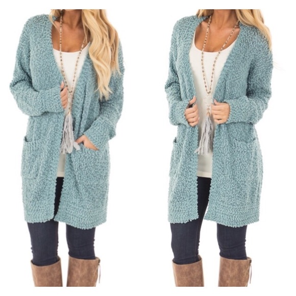 DUSTY BLUE OVERSIZED SOFT CARDIGAN WITH POCKETS - Picture 2 of 4